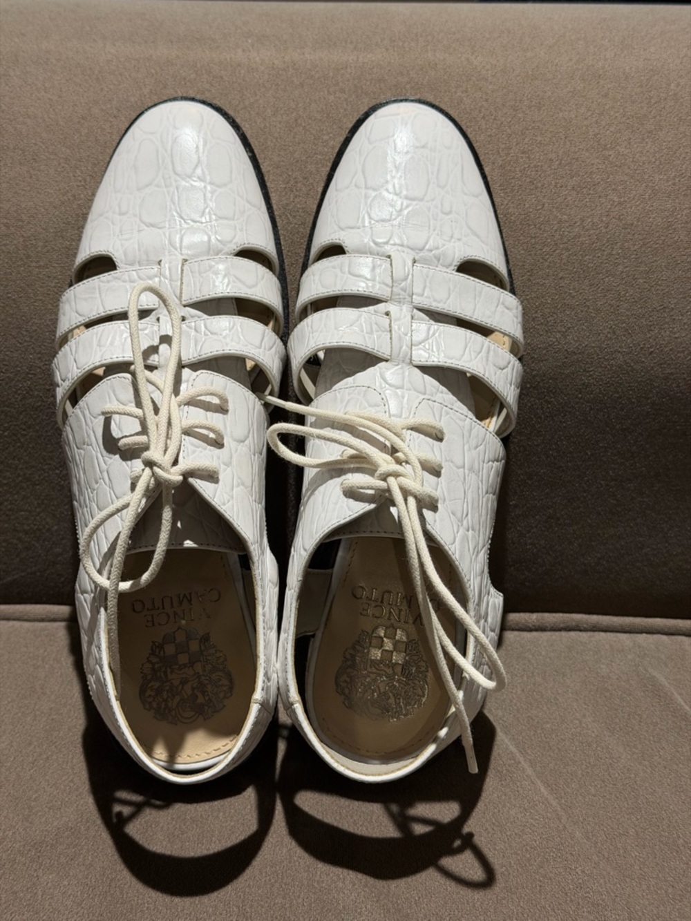 Vince Camuto White Croc-Embossed Lace-Up Flats